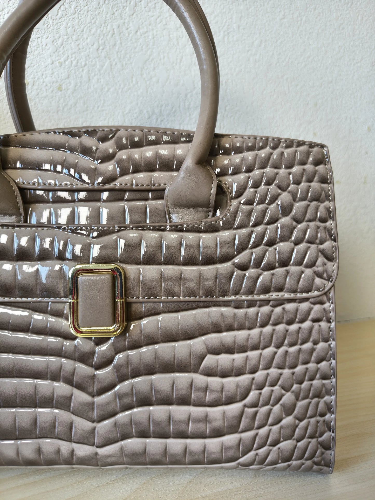 Khaki Crocodile Embossed Structured Bag (E112)