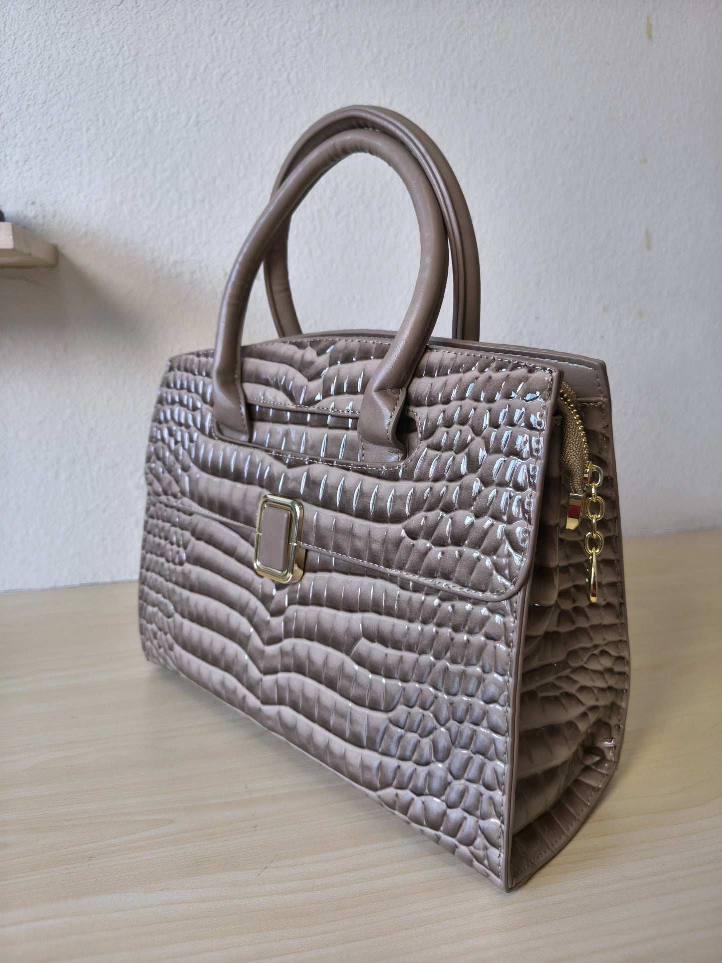 Khaki Crocodile Embossed Structured Bag (E112)