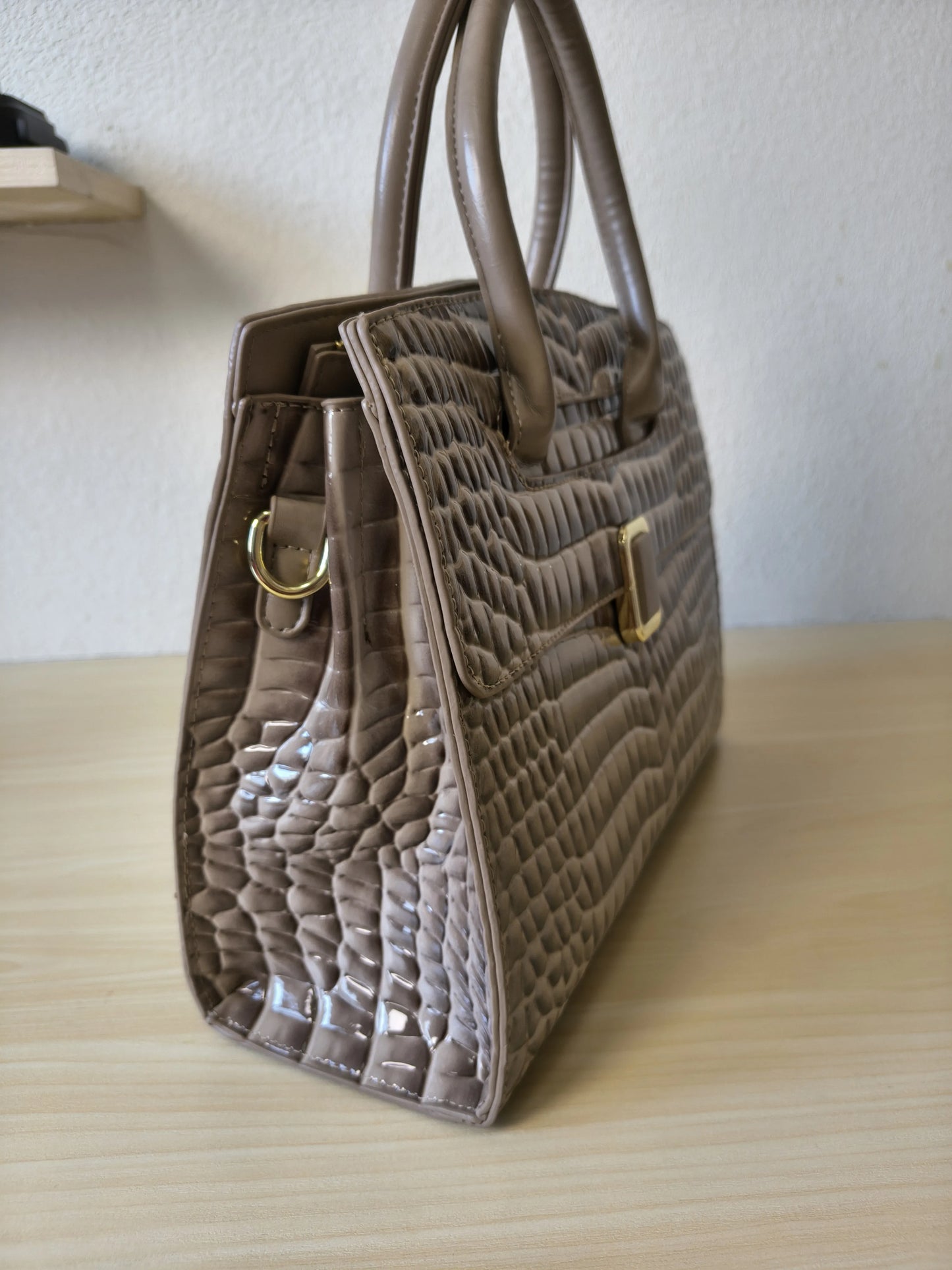 Khaki Crocodile Embossed Structured Bag (E112)