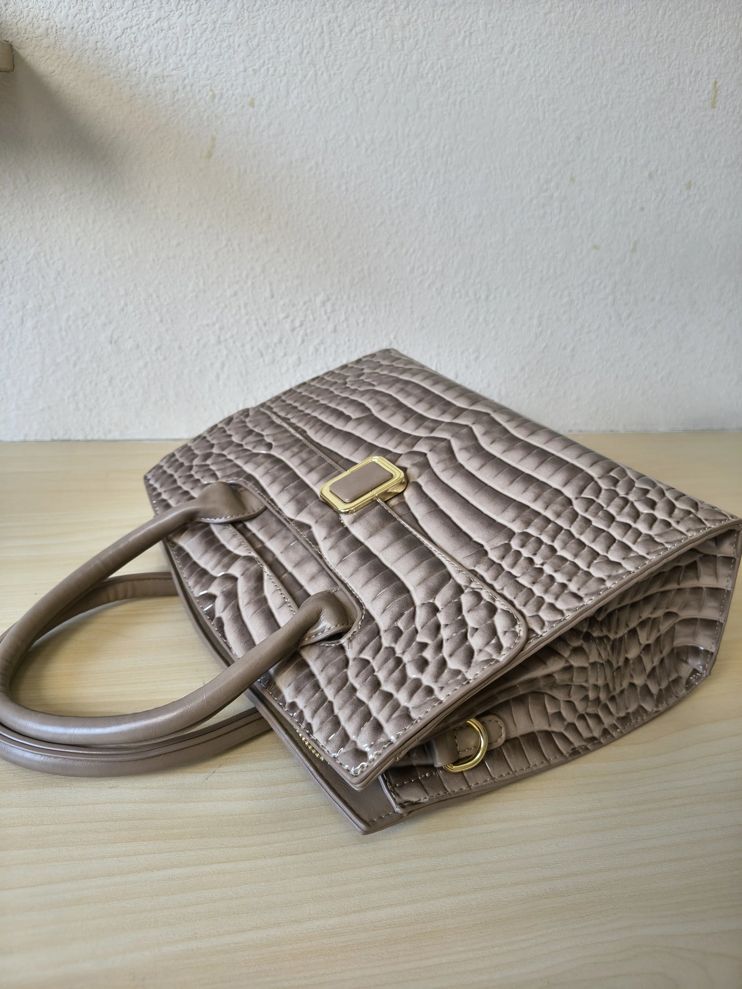 Khaki Crocodile Embossed Structured Bag (E112)