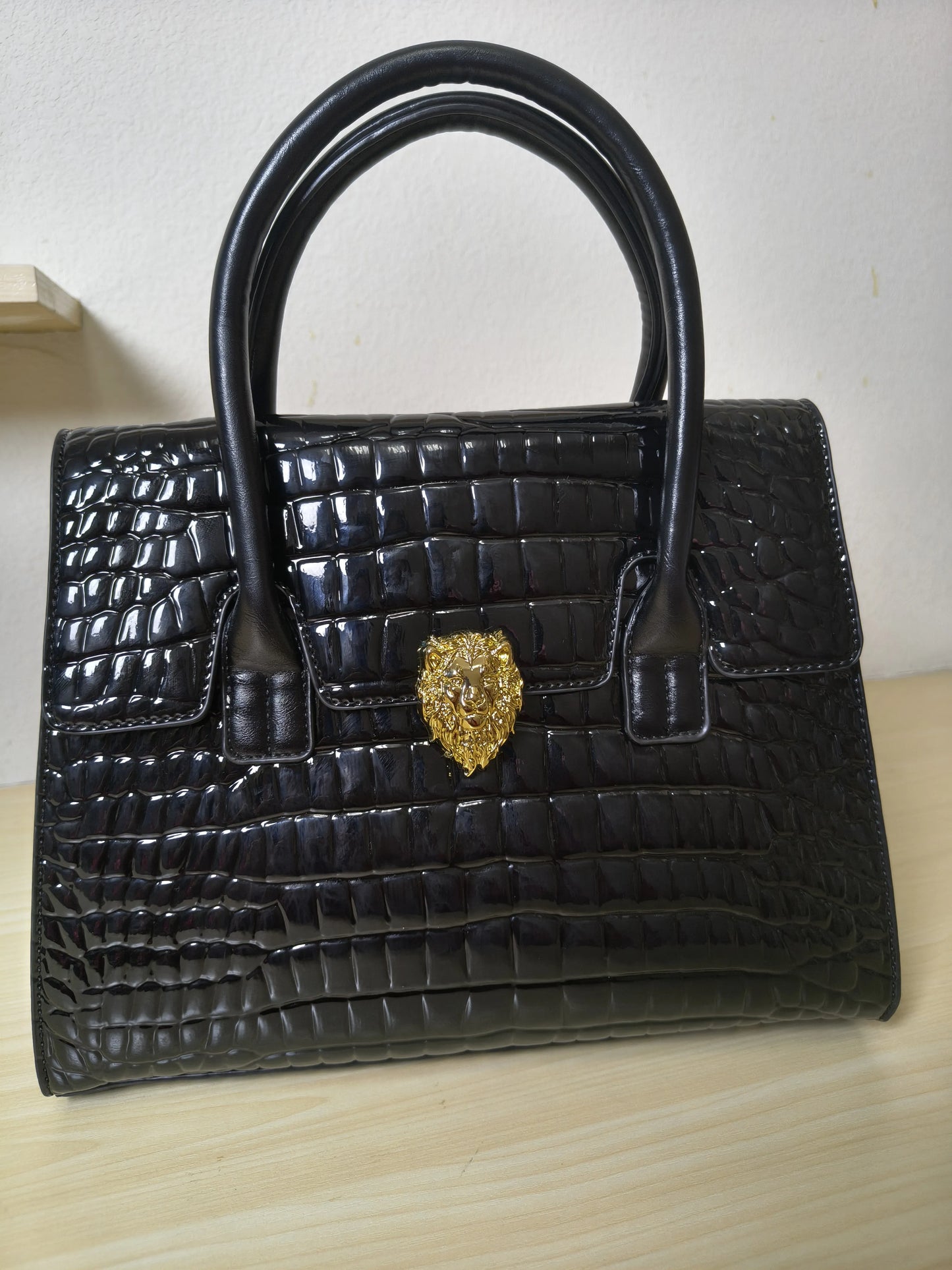 Trendy Black Patent Croc Embossed Tote with Gold Buckle (E113)