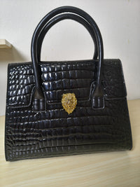 Trendy Black Patent Croc Embossed Tote with Gold Buckle (E113)