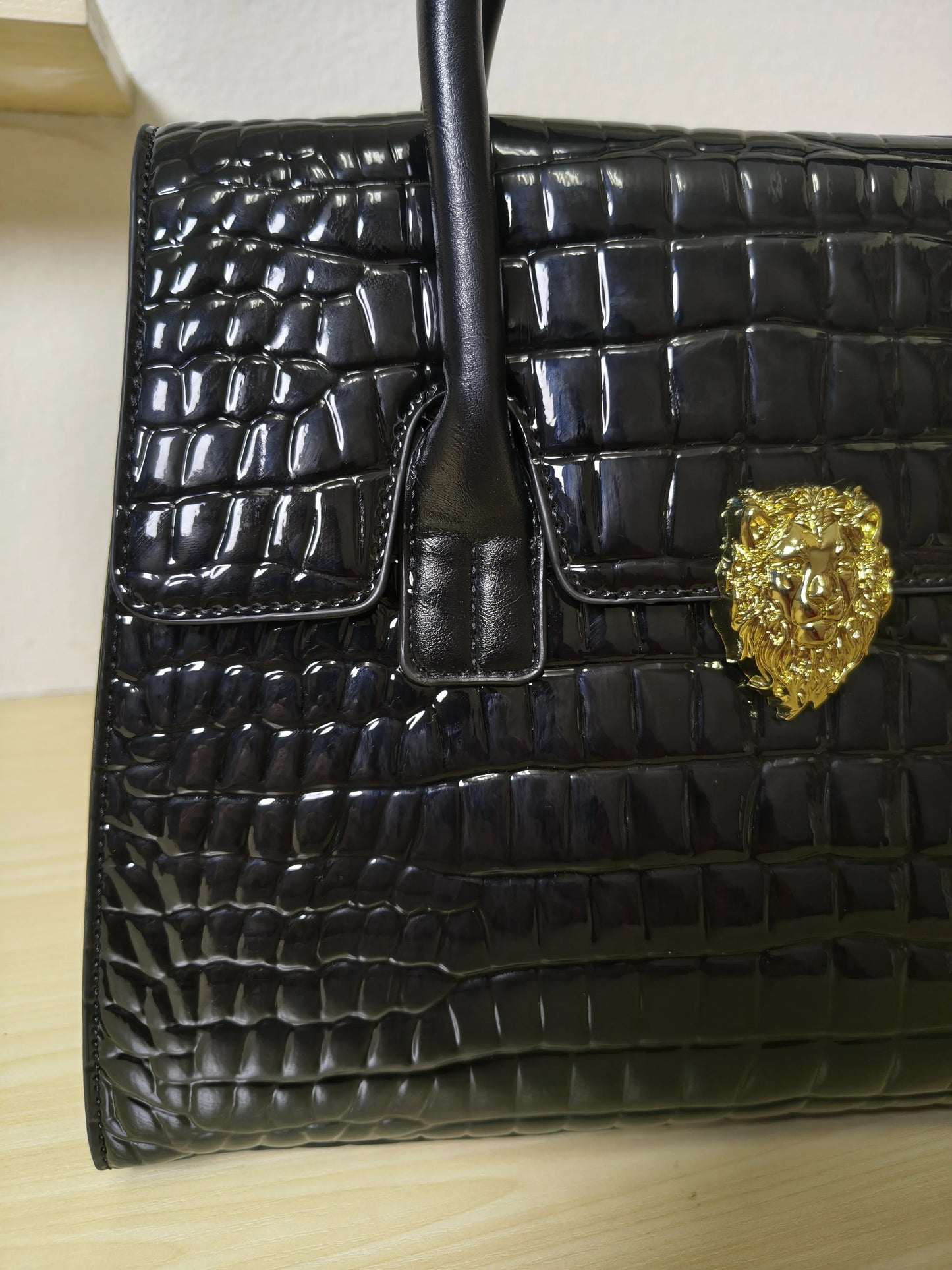 Trendy Black Patent Croc Embossed Tote with Gold Buckle (E113)