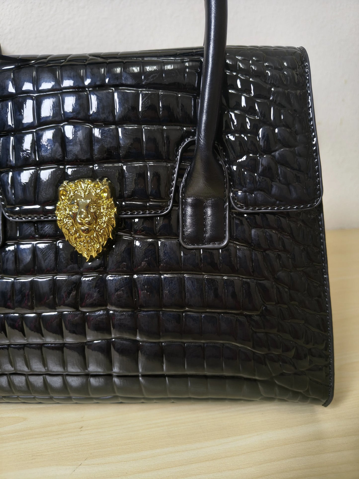 Trendy Black Patent Croc Embossed Tote with Gold Buckle (E113)