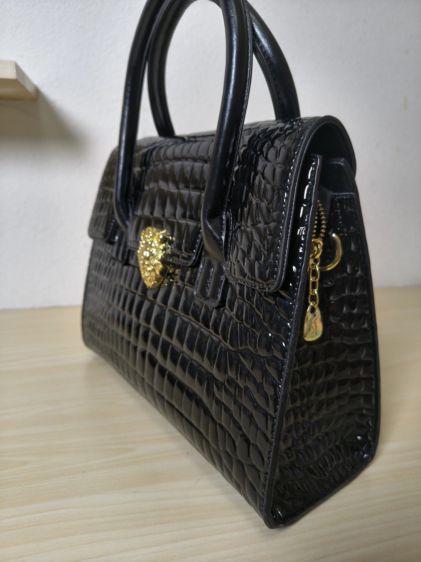 Trendy Black Patent Croc Embossed Tote with Gold Buckle (E113)