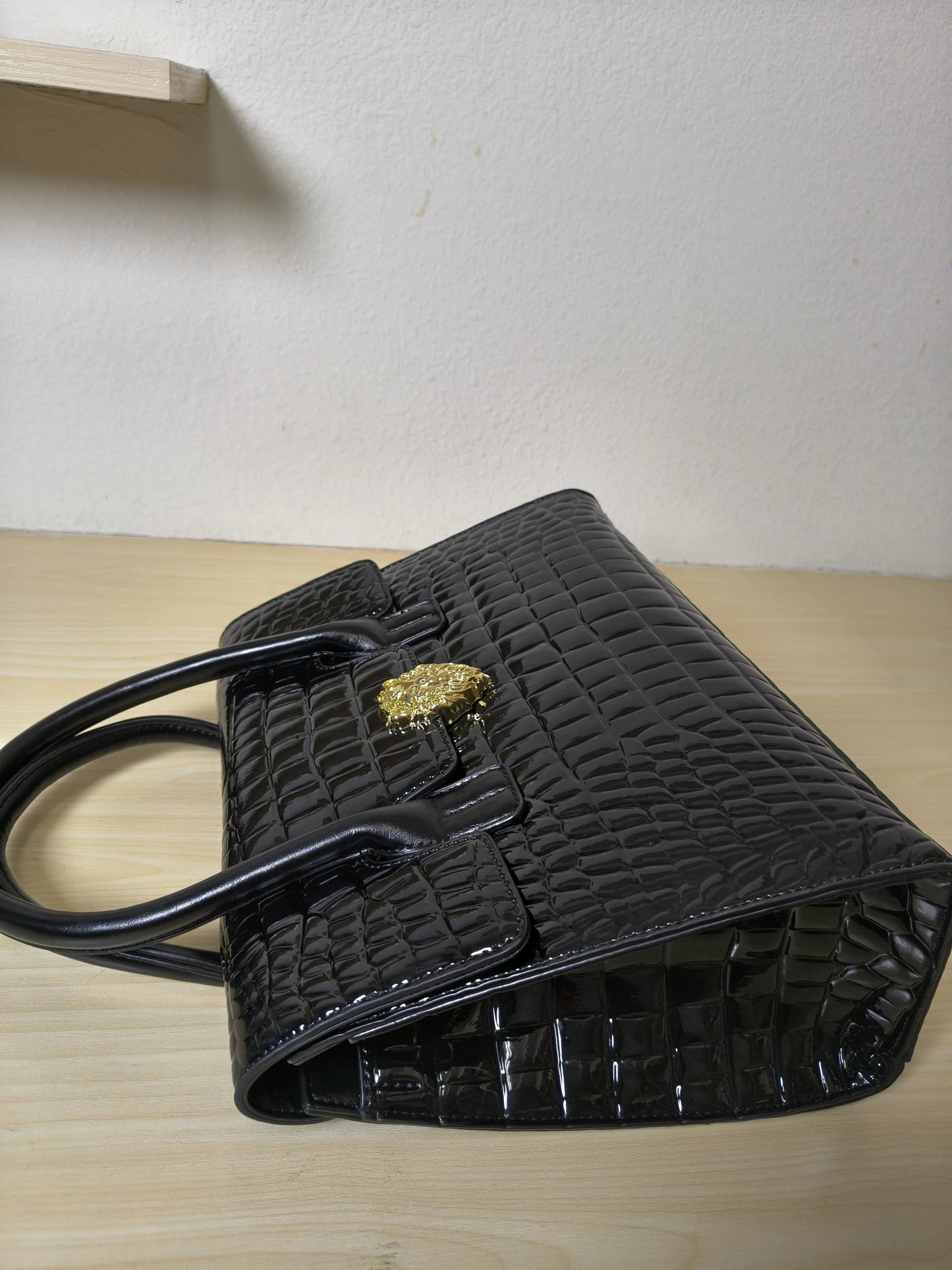 Trendy Black Patent Croc Embossed Tote with Gold Buckle (E113)