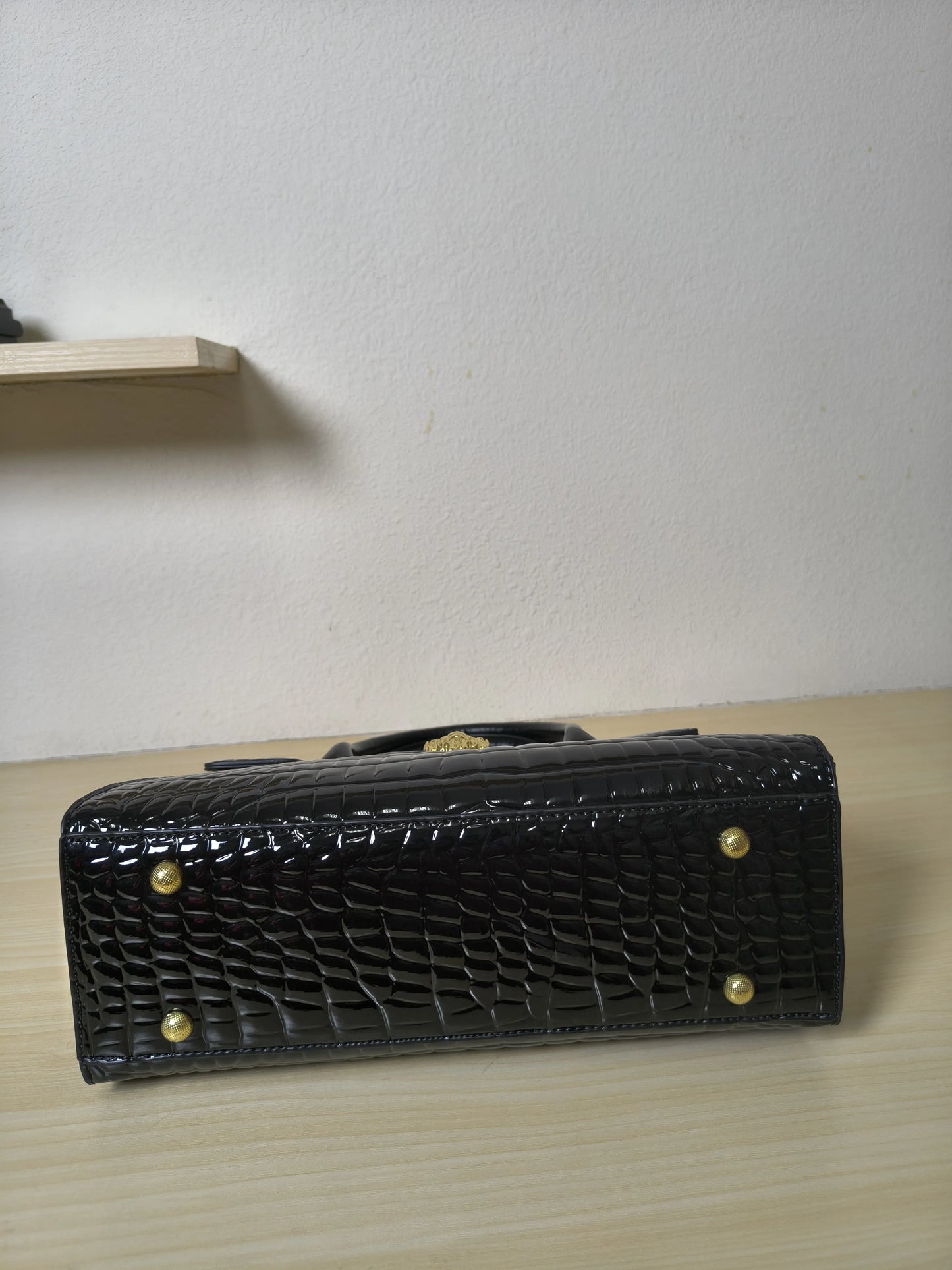 Trendy Black Patent Croc Embossed Tote with Gold Buckle (E113)