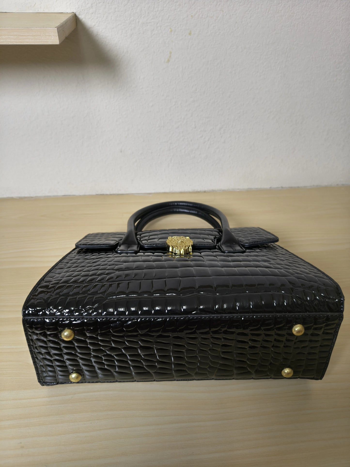 Trendy Black Patent Croc Embossed Tote with Gold Buckle (E113)