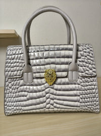 Trendy Light Grey Patent Croc Embossed Tote with Gold Buckle (E114)