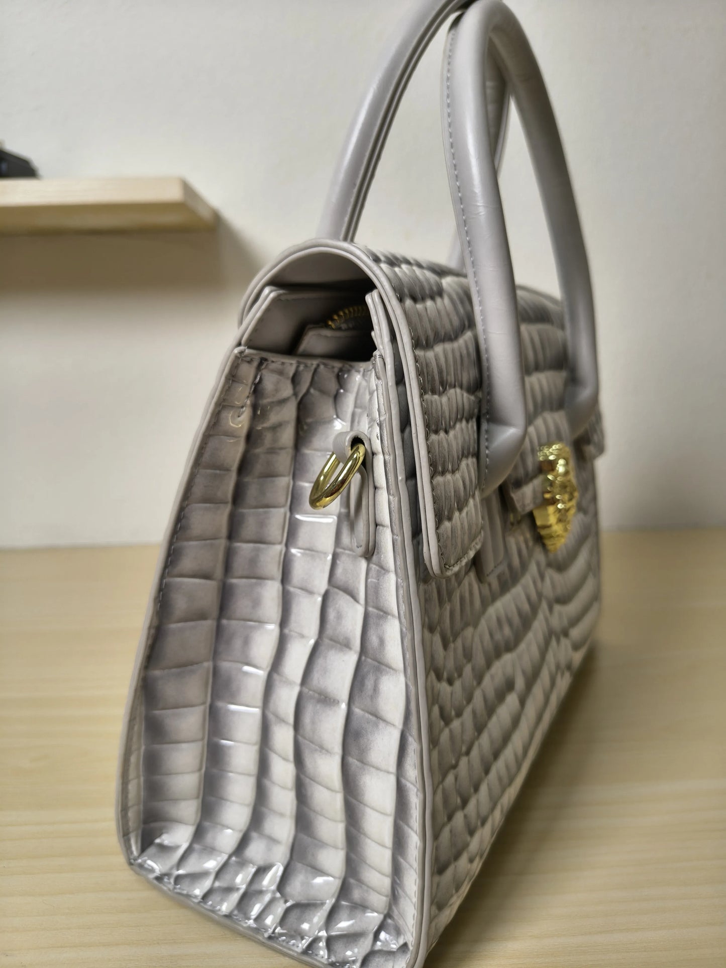 Trendy Light Grey Patent Croc Embossed Tote with Gold Buckle (E114)