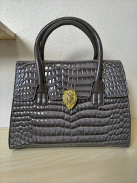 Trendy Dark Grey Patent Croc Embossed Tote with Gold Buckle (E115)