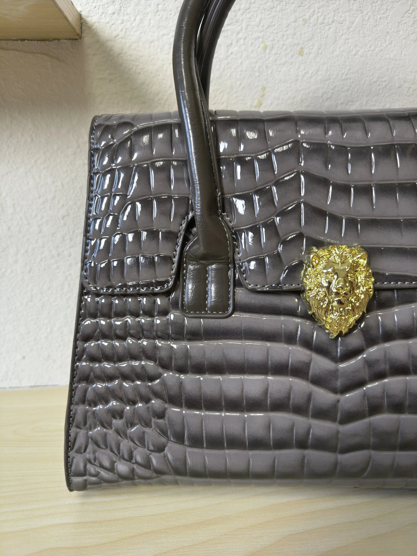 Trendy Dark Grey Patent Croc Embossed Tote with Gold Buckle (E115)