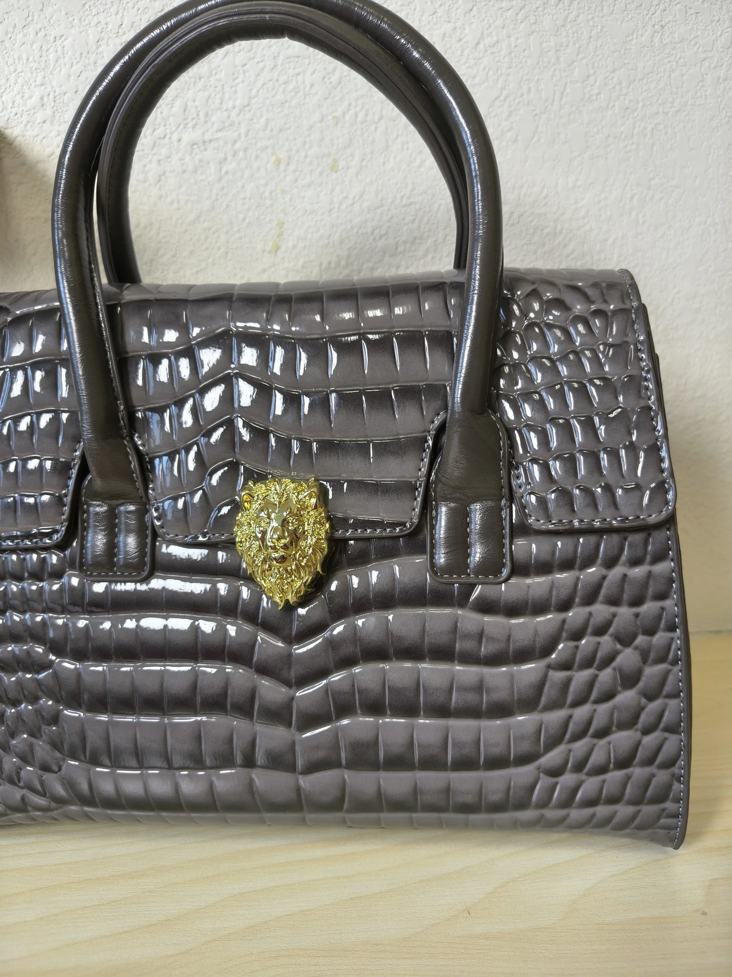 Trendy Dark Grey Patent Croc Embossed Tote with Gold Buckle (E115)
