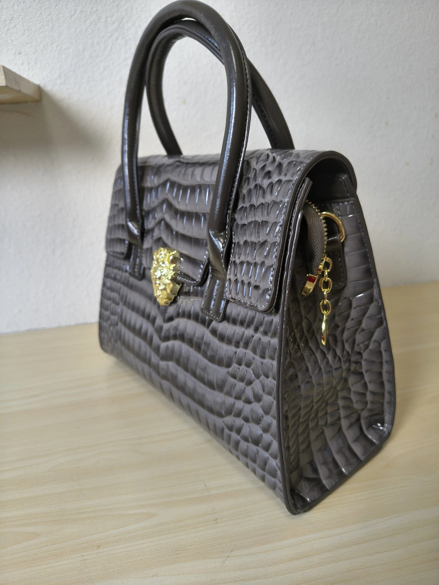 Trendy Dark Grey Patent Croc Embossed Tote with Gold Buckle (E115)