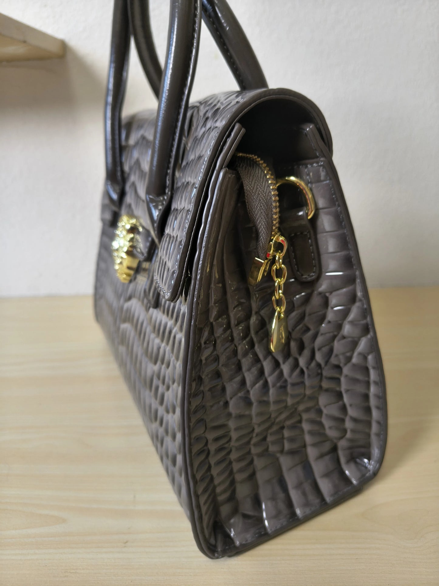 Trendy Dark Grey Patent Croc Embossed Tote with Gold Buckle (E115)