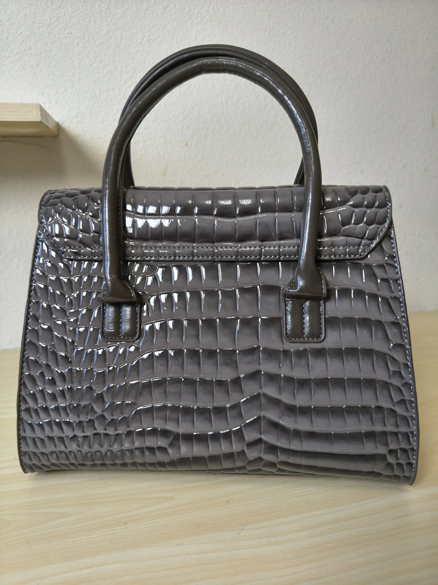 Trendy Dark Grey Patent Croc Embossed Tote with Gold Buckle (E115)