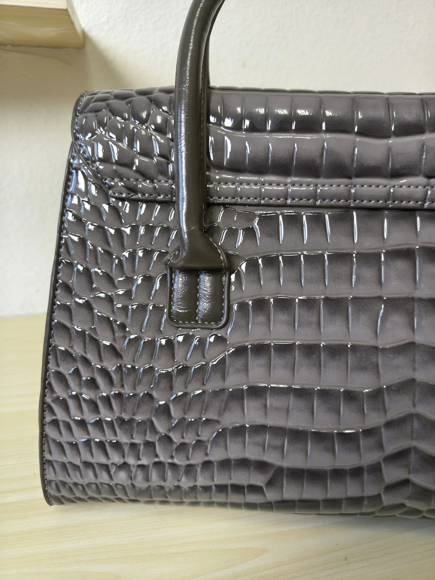 Trendy Dark Grey Patent Croc Embossed Tote with Gold Buckle (E115)