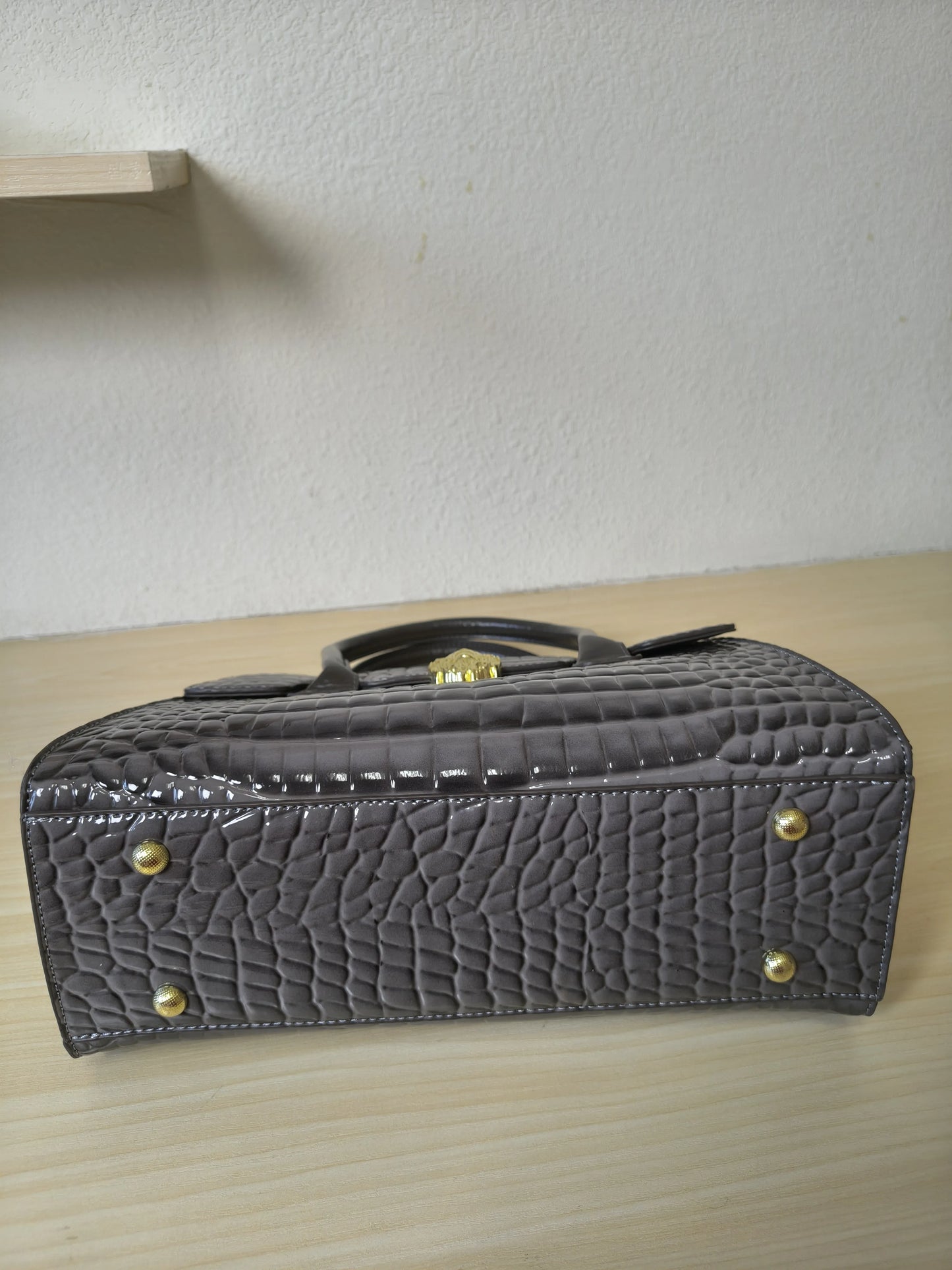 Trendy Dark Grey Patent Croc Embossed Tote with Gold Buckle (E115)