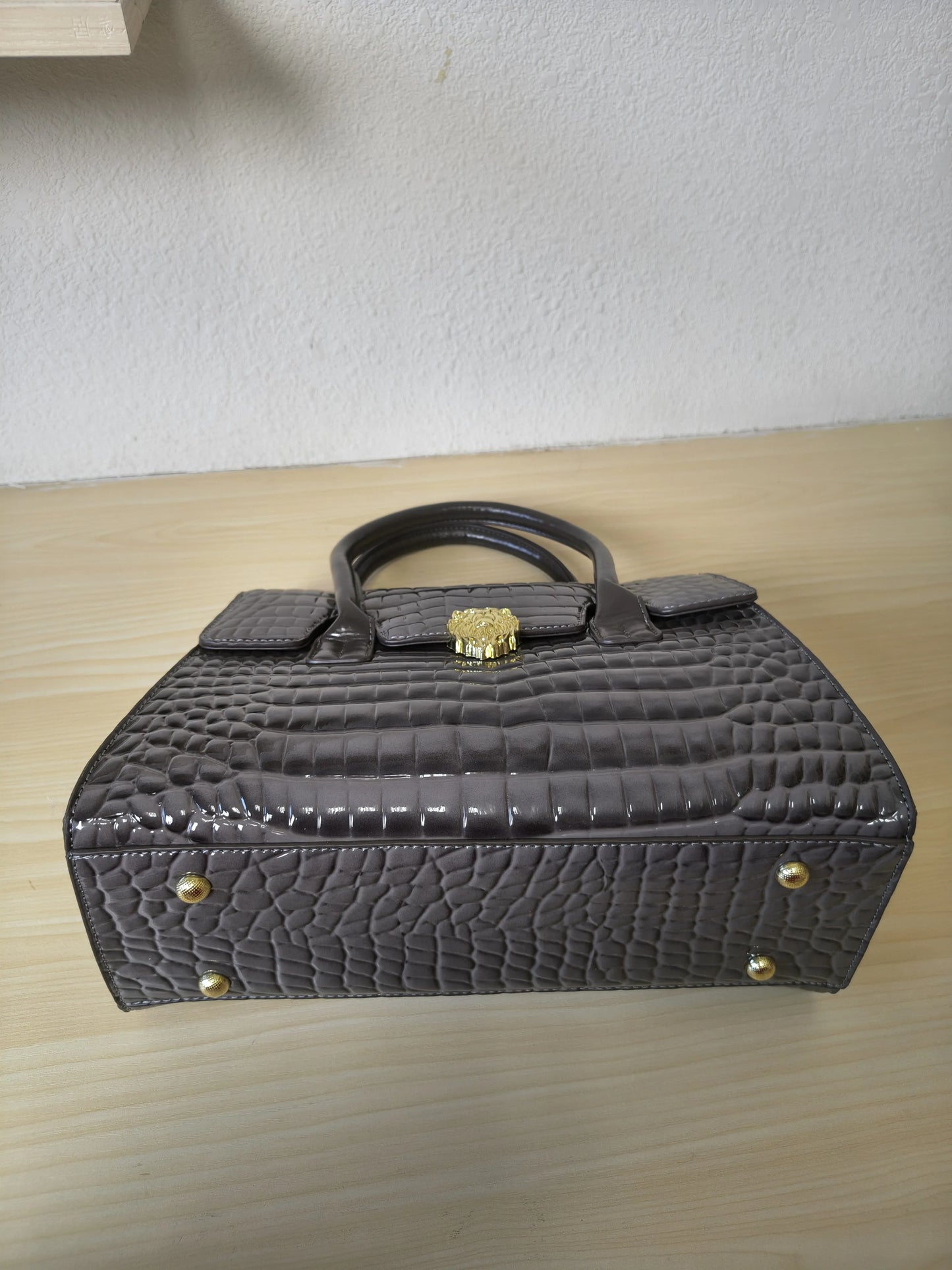 Trendy Dark Grey Patent Croc Embossed Tote with Gold Buckle (E115)
