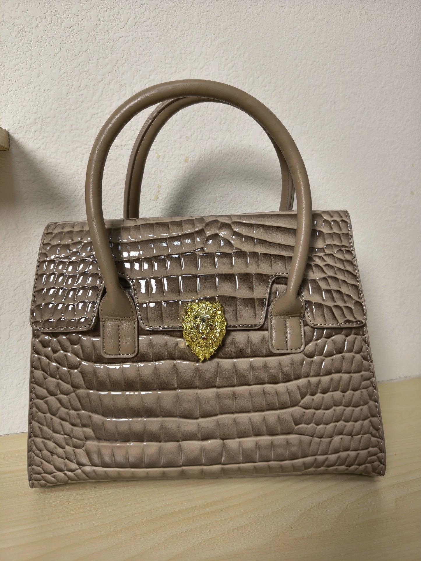 Trendy Khaki Patent Croc Embossed Tote with Gold Buckle (E116)