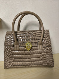 Trendy Khaki Patent Croc Embossed Tote with Gold Buckle (E116)