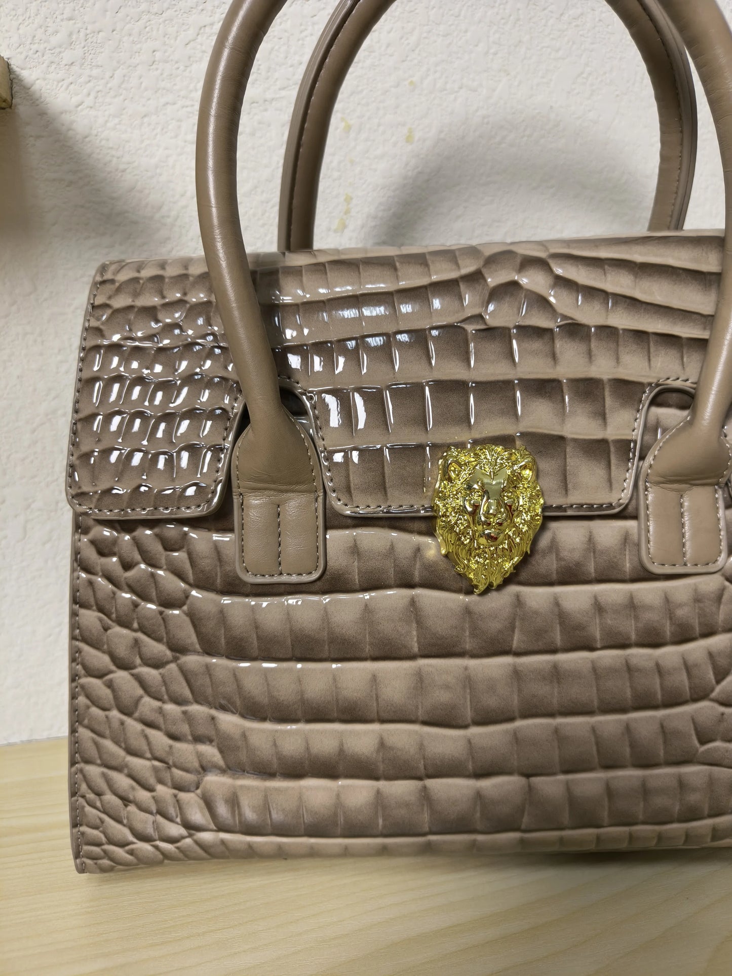 Trendy Khaki Patent Croc Embossed Tote with Gold Buckle (E116)