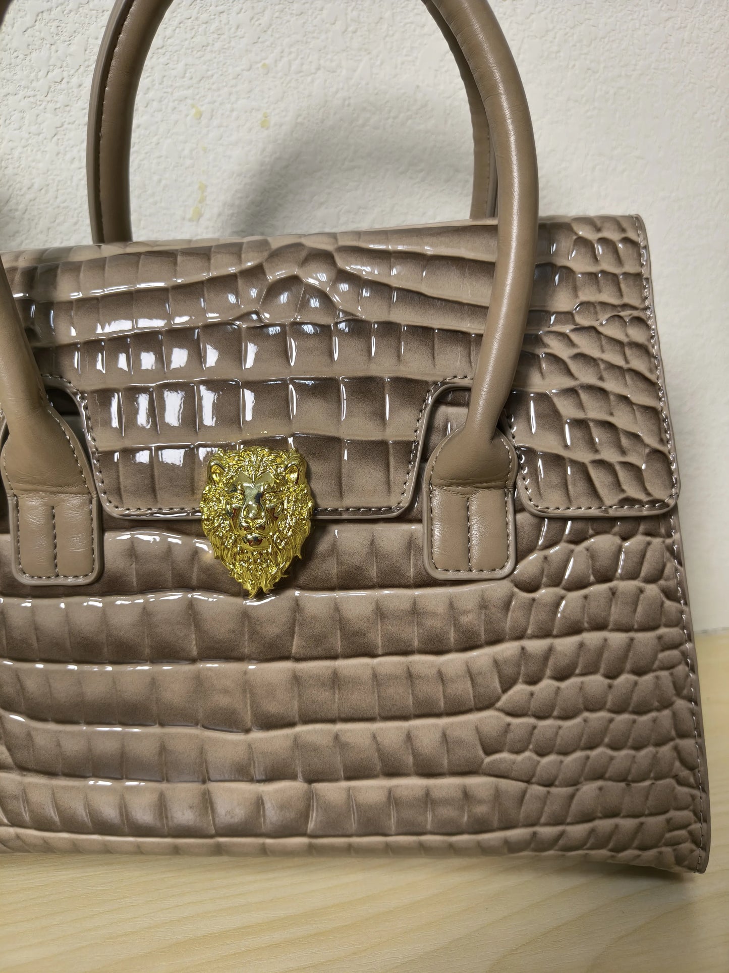 Trendy Khaki Patent Croc Embossed Tote with Gold Buckle (E116)