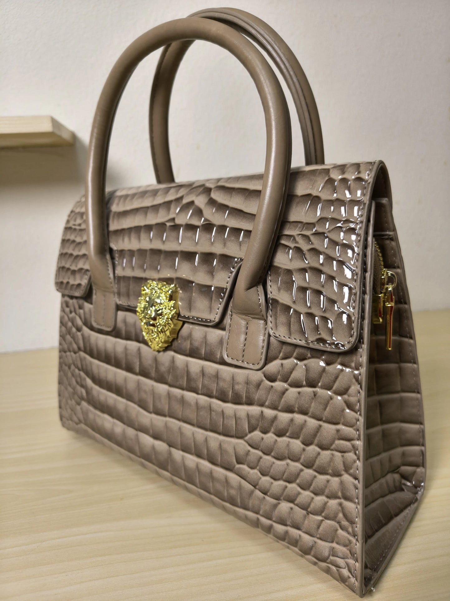 Trendy Khaki Patent Croc Embossed Tote with Gold Buckle (E116)