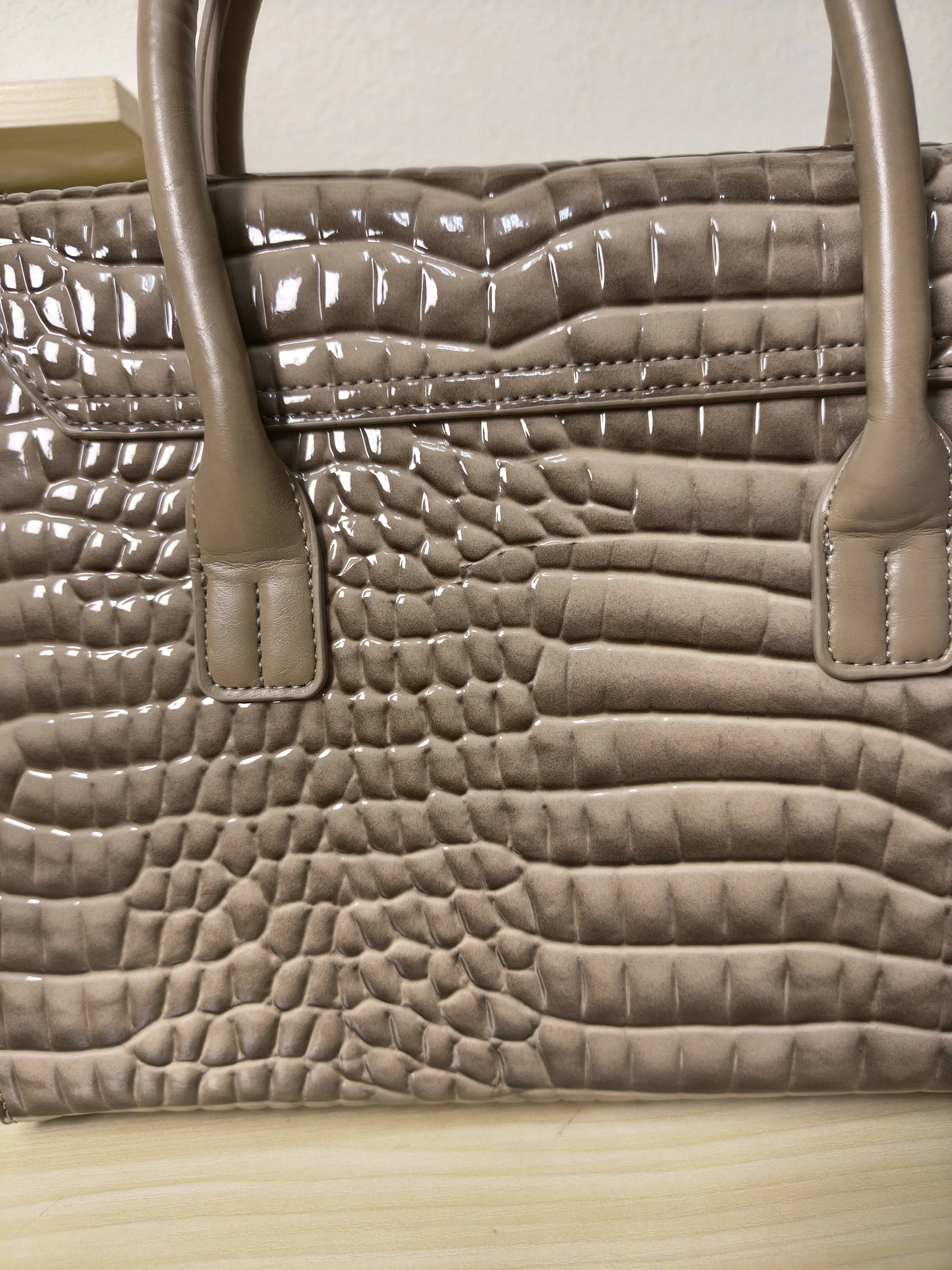 Trendy Khaki Patent Croc Embossed Tote with Gold Buckle (E116)