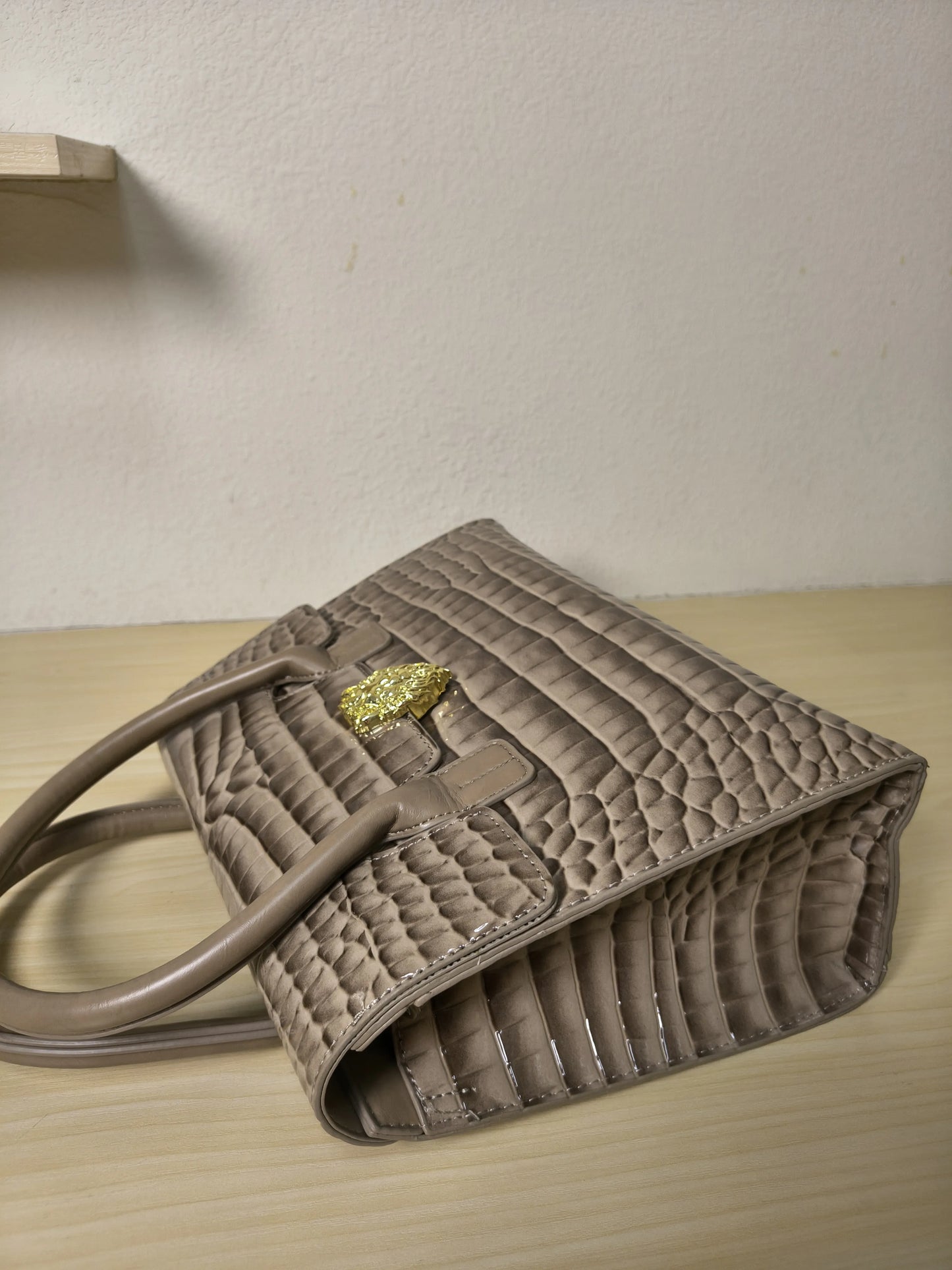 Trendy Khaki Patent Croc Embossed Tote with Gold Buckle (E116)