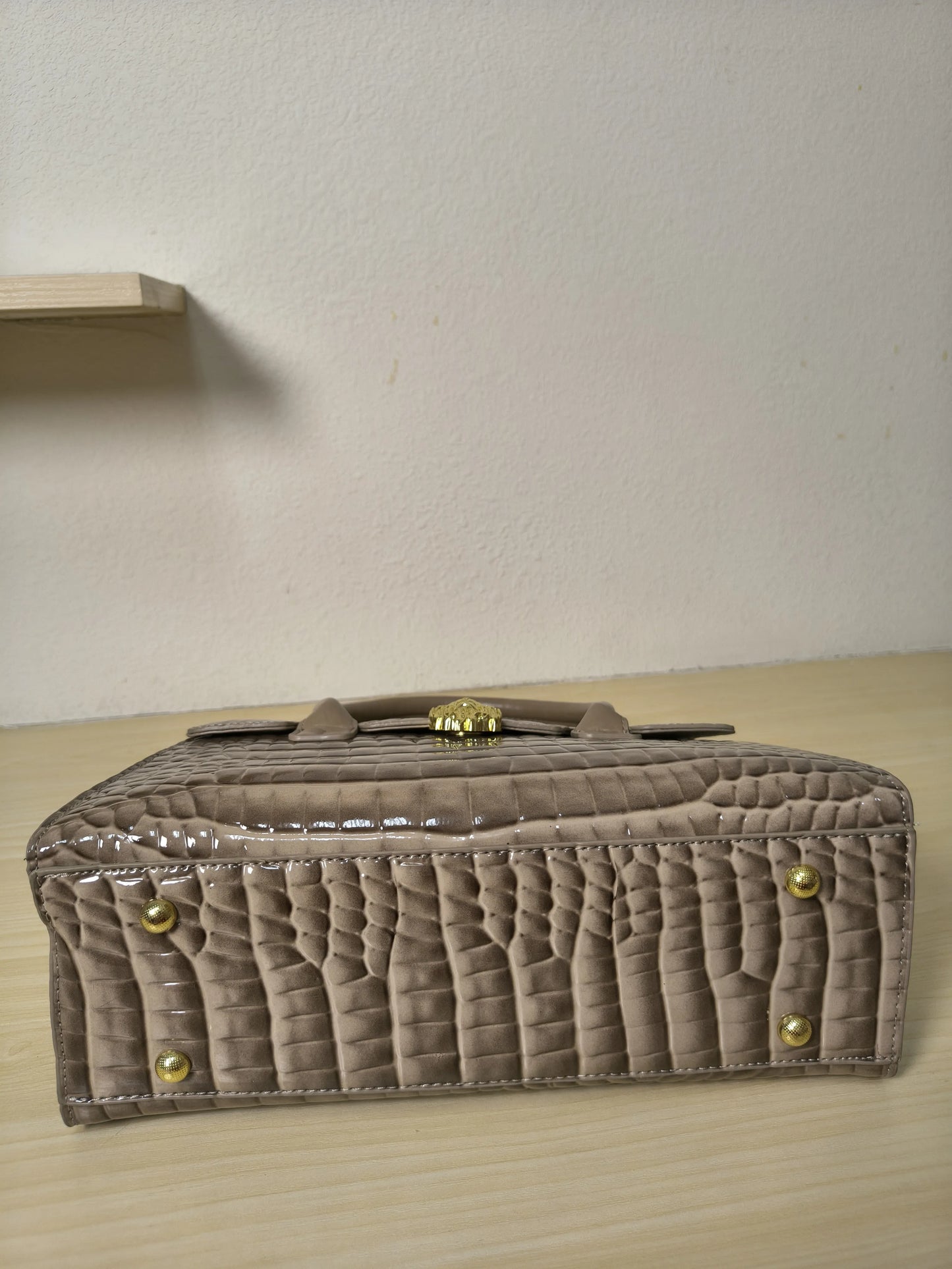 Trendy Khaki Patent Croc Embossed Tote with Gold Buckle (E116)
