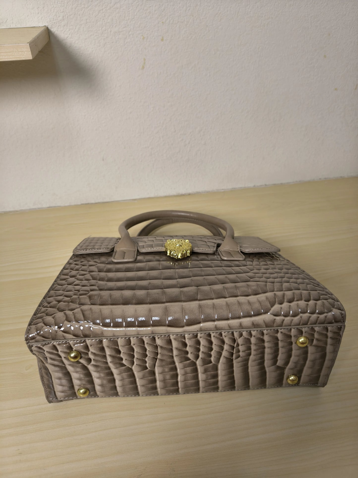 Trendy Khaki Patent Croc Embossed Tote with Gold Buckle (E116)