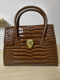 Trendy Caramel Brown Patent Croc Embossed Tote with Gold Buckle (E117)
