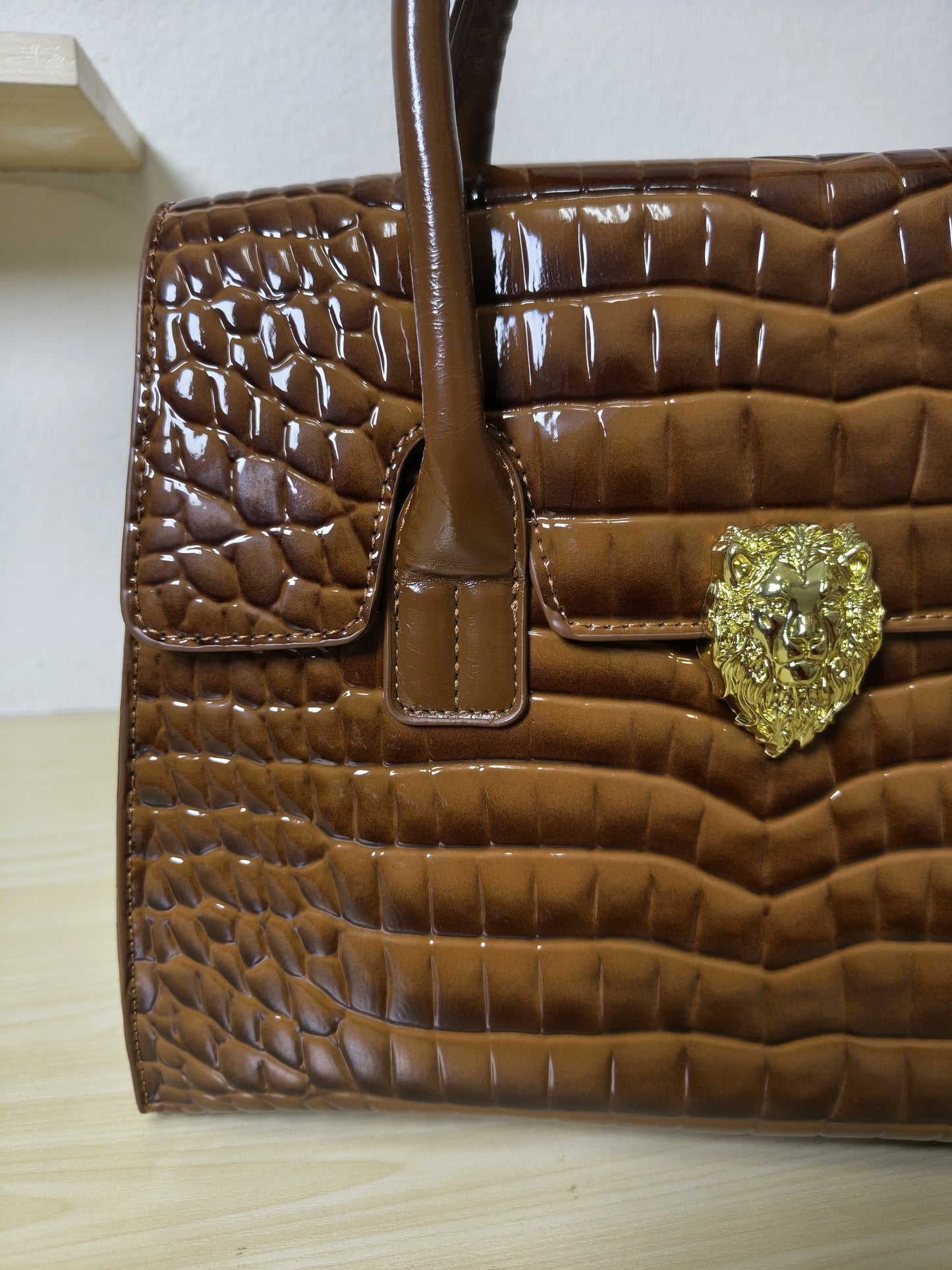 Trendy Caramel Brown Patent Croc Embossed Tote with Gold Buckle (E117)