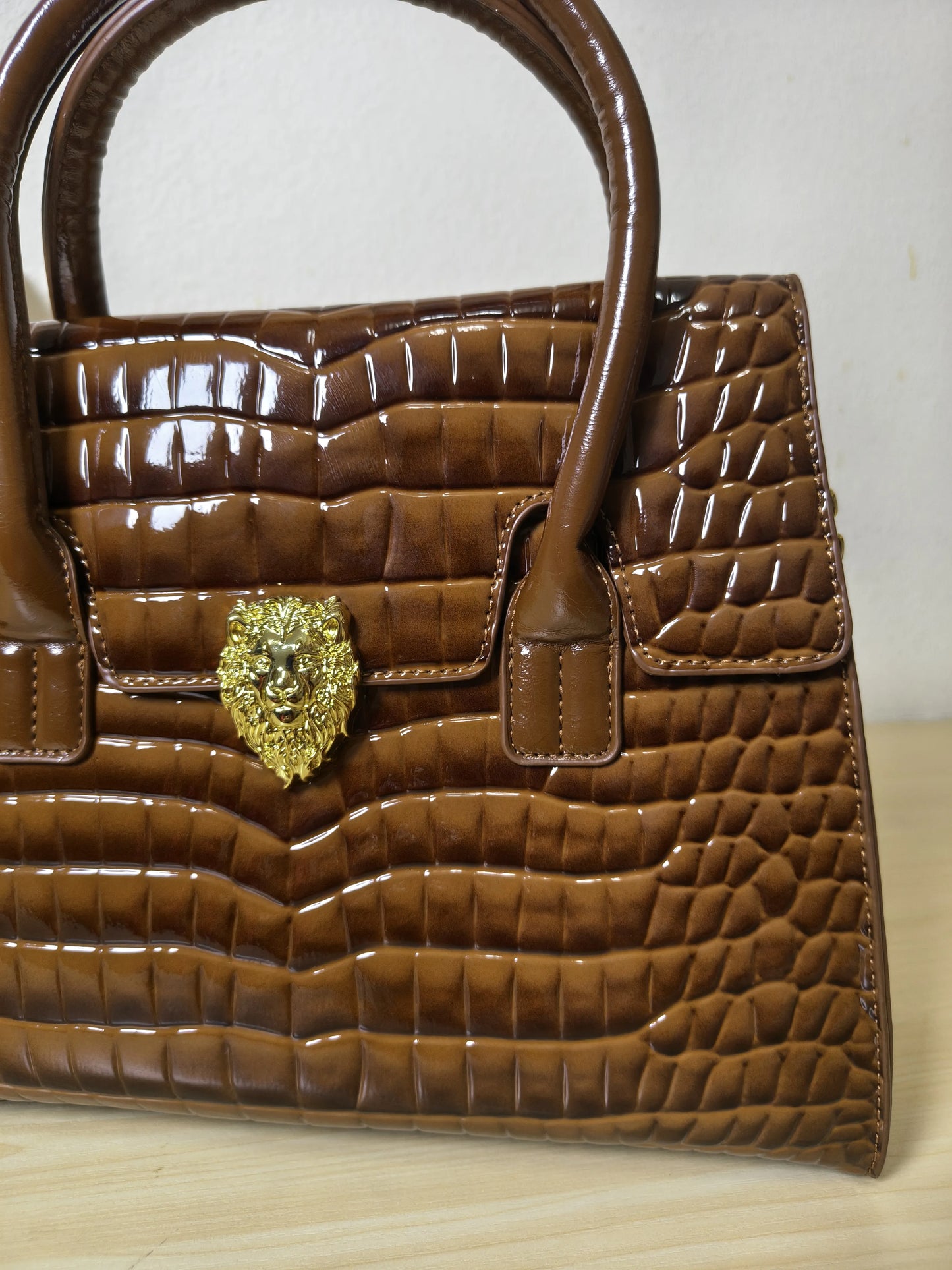 Trendy Caramel Brown Patent Croc Embossed Tote with Gold Buckle (E117)