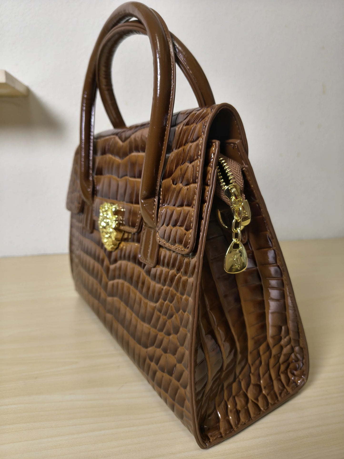 Trendy Caramel Brown Patent Croc Embossed Tote with Gold Buckle (E117)