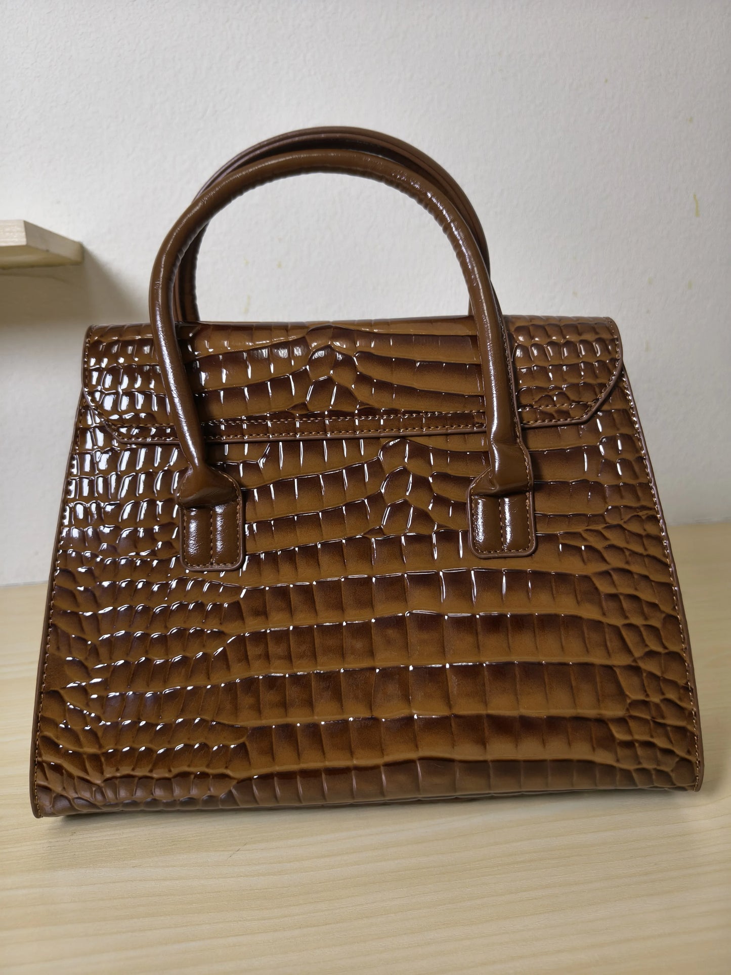 Trendy Caramel Brown Patent Croc Embossed Tote with Gold Buckle (E117)