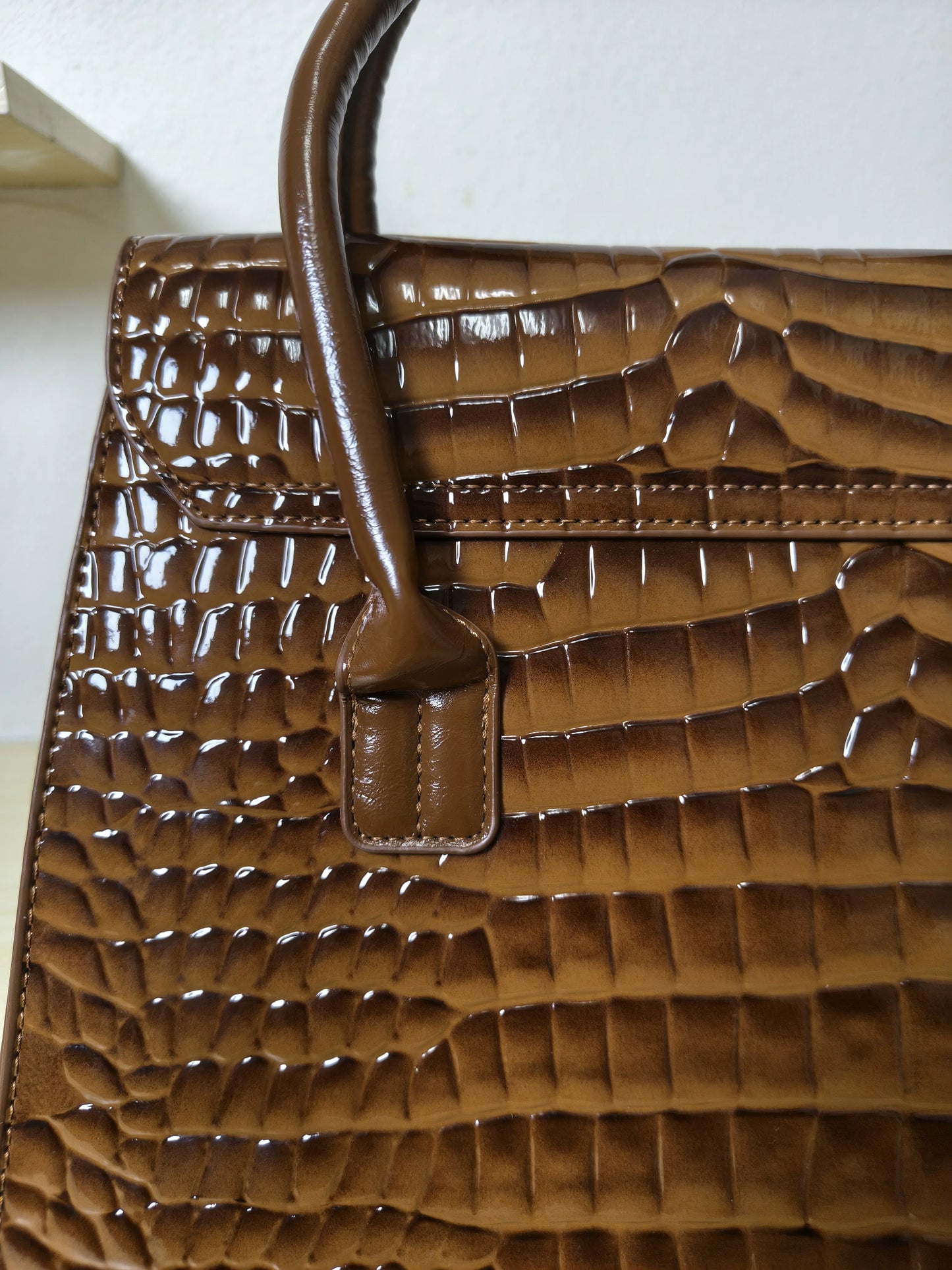 Trendy Caramel Brown Patent Croc Embossed Tote with Gold Buckle (E117)