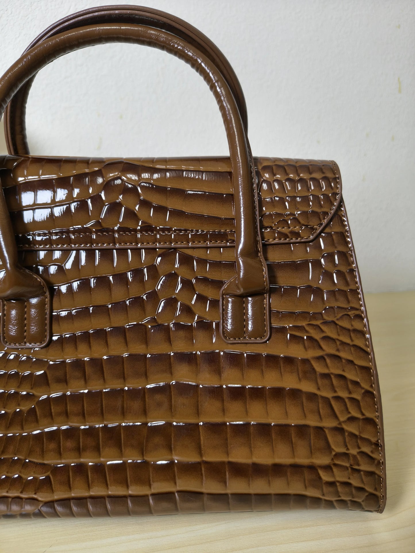 Trendy Caramel Brown Patent Croc Embossed Tote with Gold Buckle (E117)