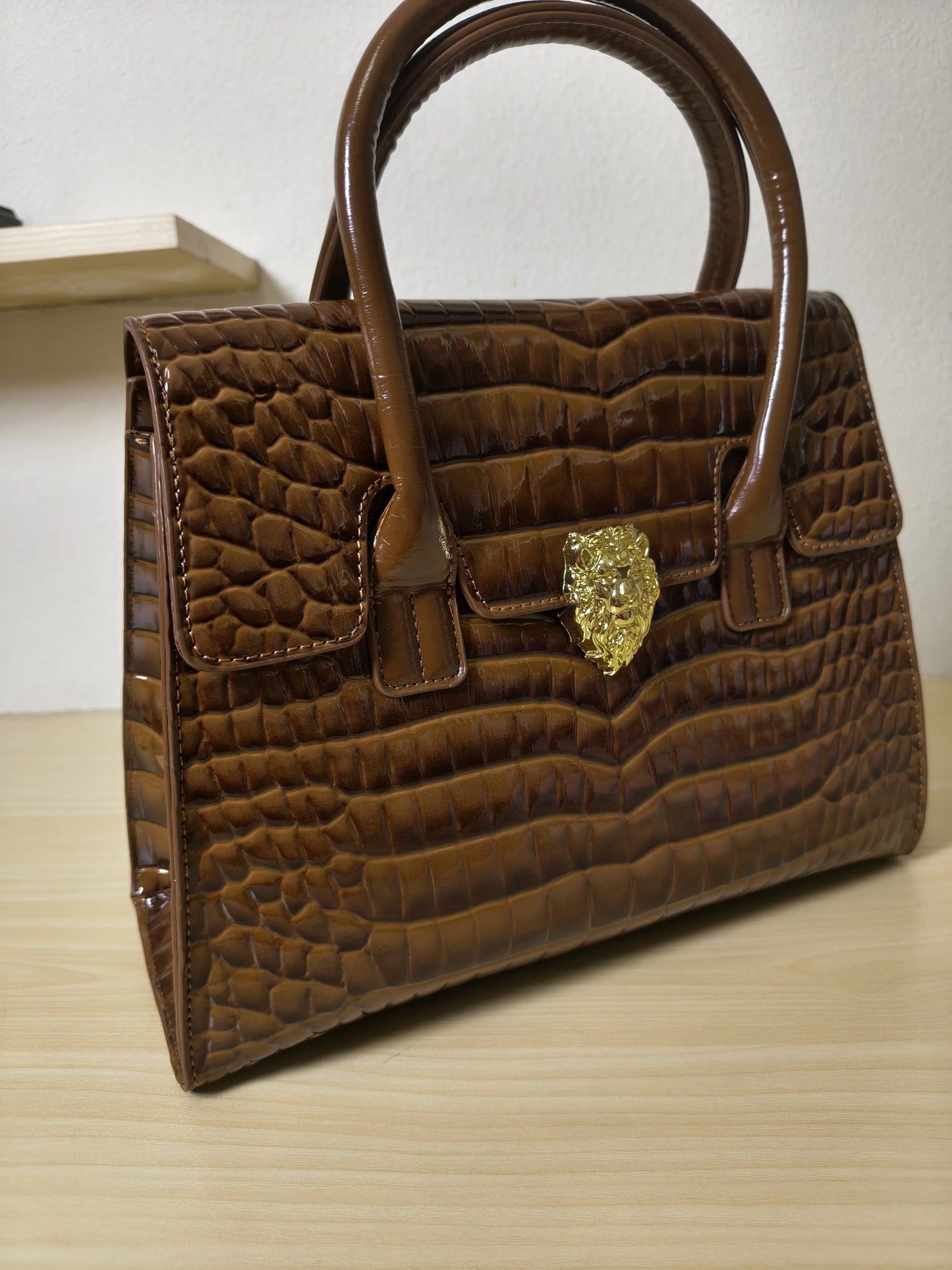 Trendy Caramel Brown Patent Croc Embossed Tote with Gold Buckle (E117)