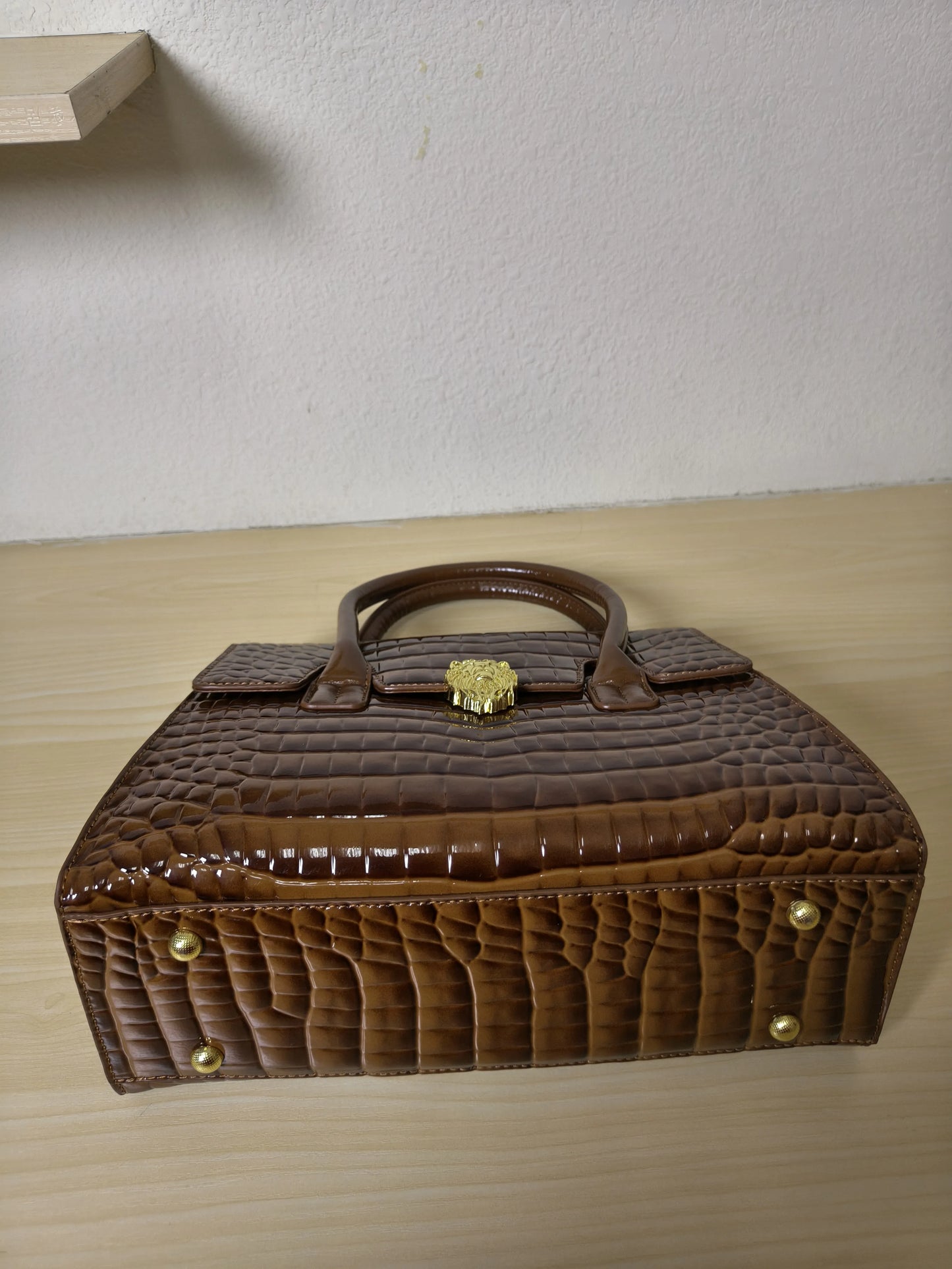 Trendy Caramel Brown Patent Croc Embossed Tote with Gold Buckle (E117)