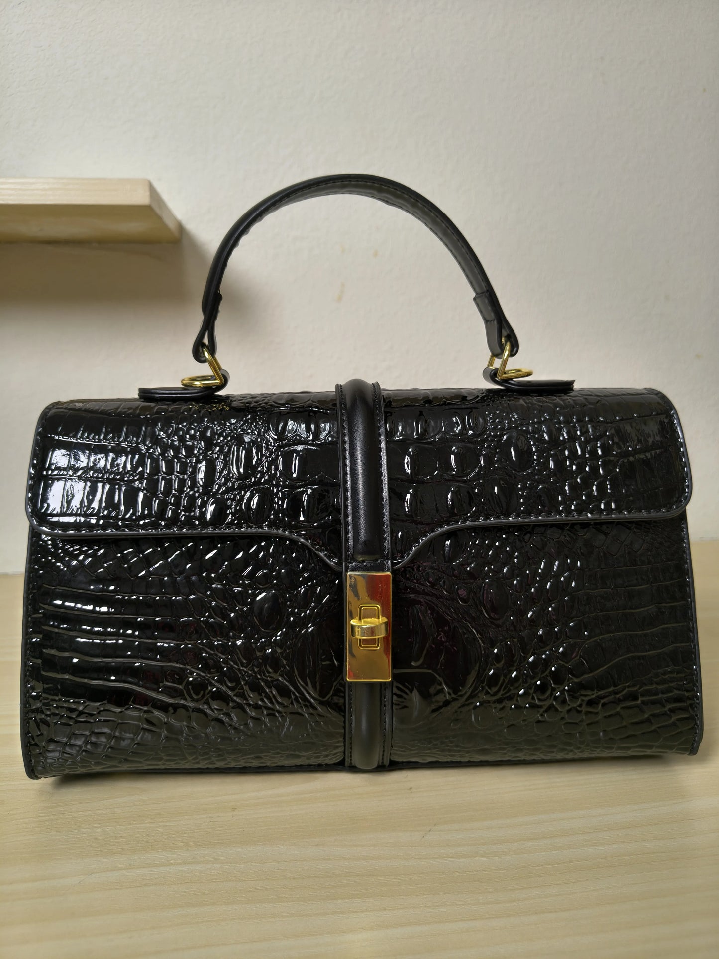 Black Crocodile Embossed Boston Bag (E118)