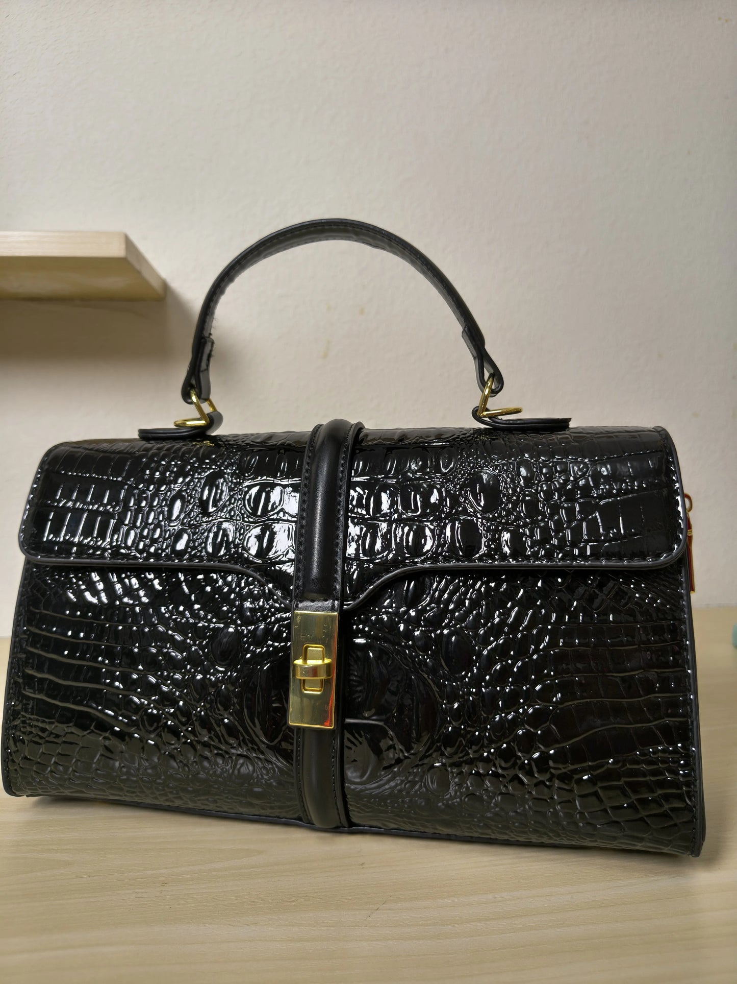 Black Crocodile Embossed Boston Bag (E118)