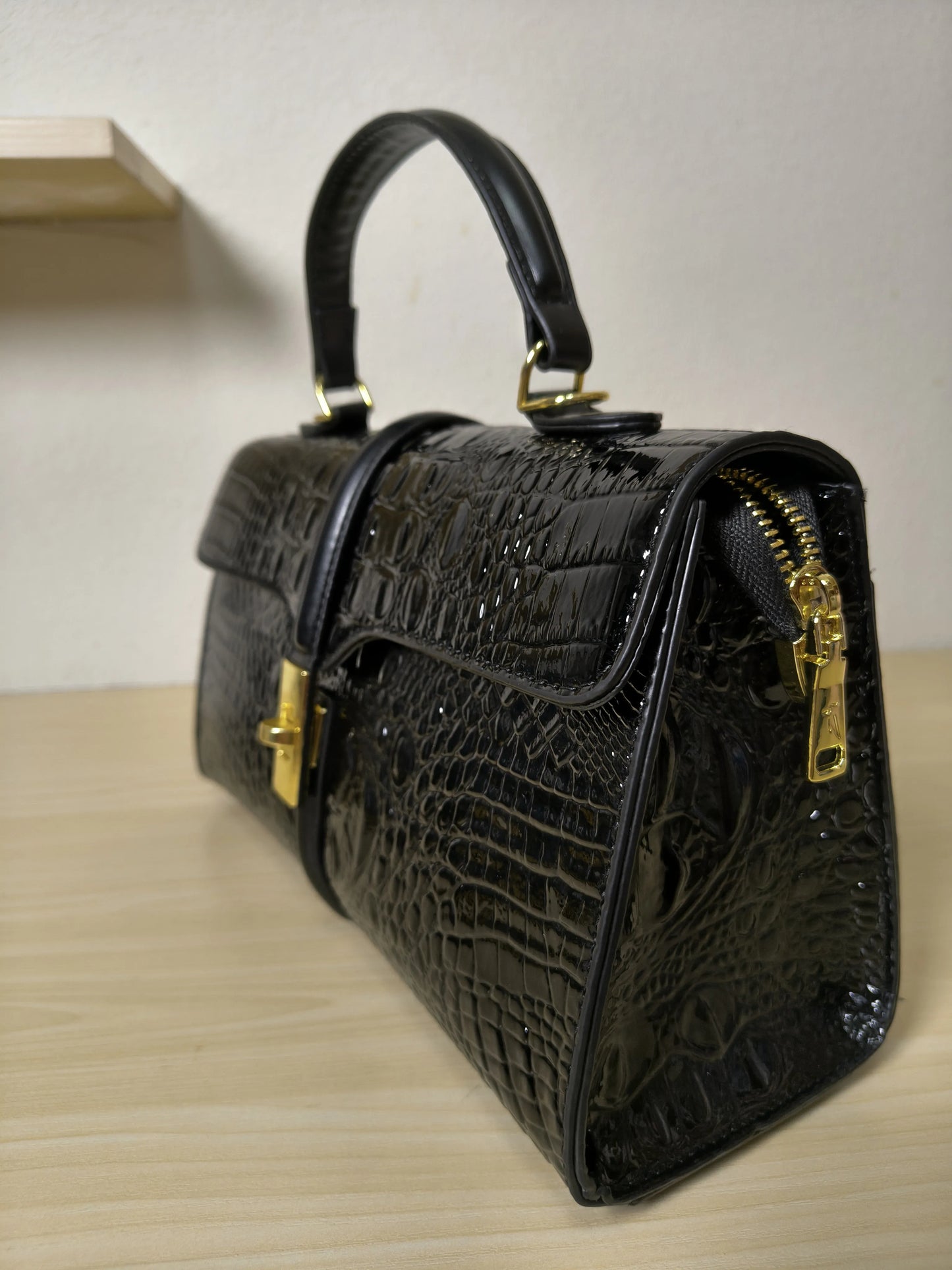 Black Crocodile Embossed Boston Bag (E118)