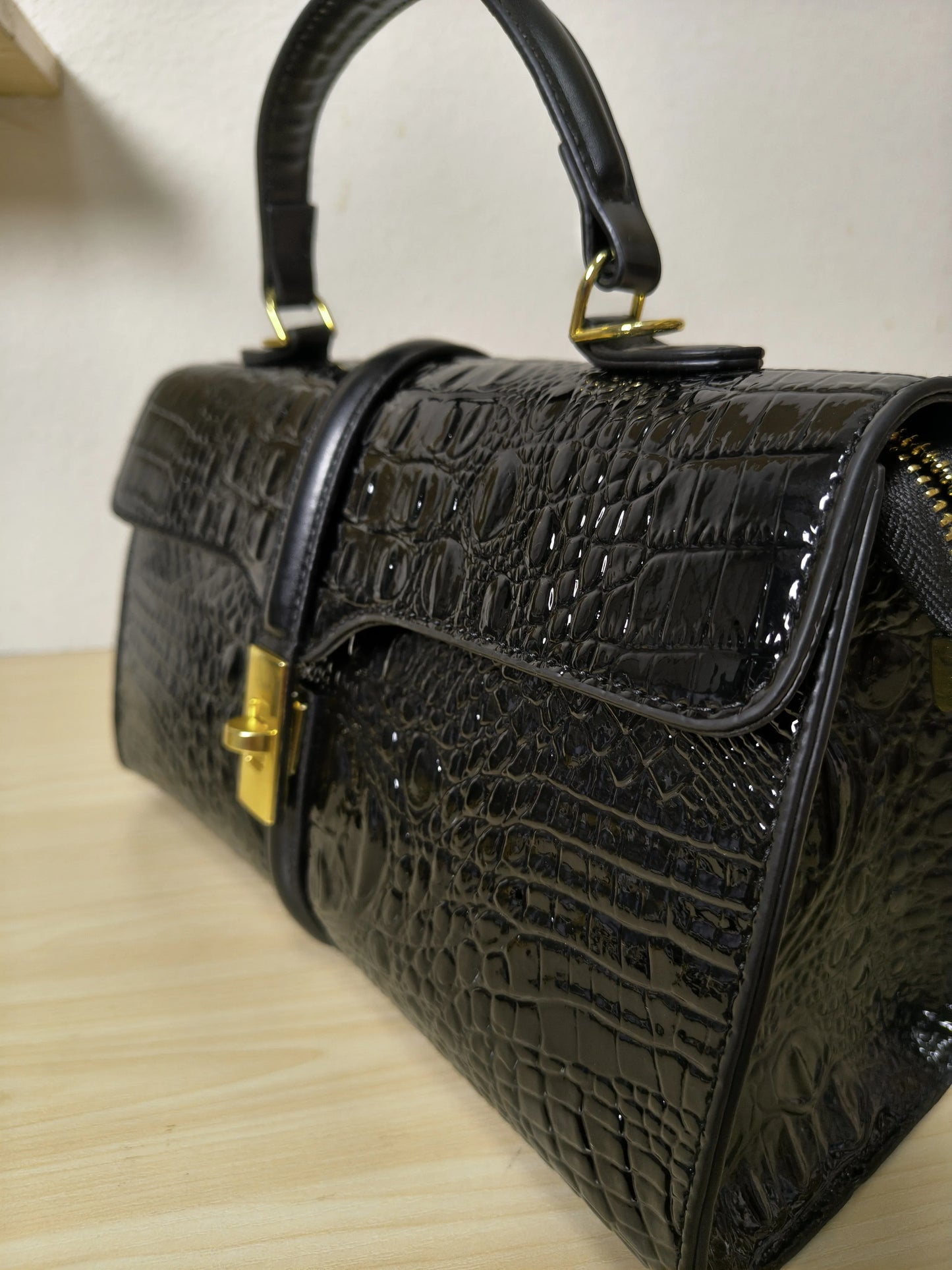 Black Crocodile Embossed Boston Bag (E118)