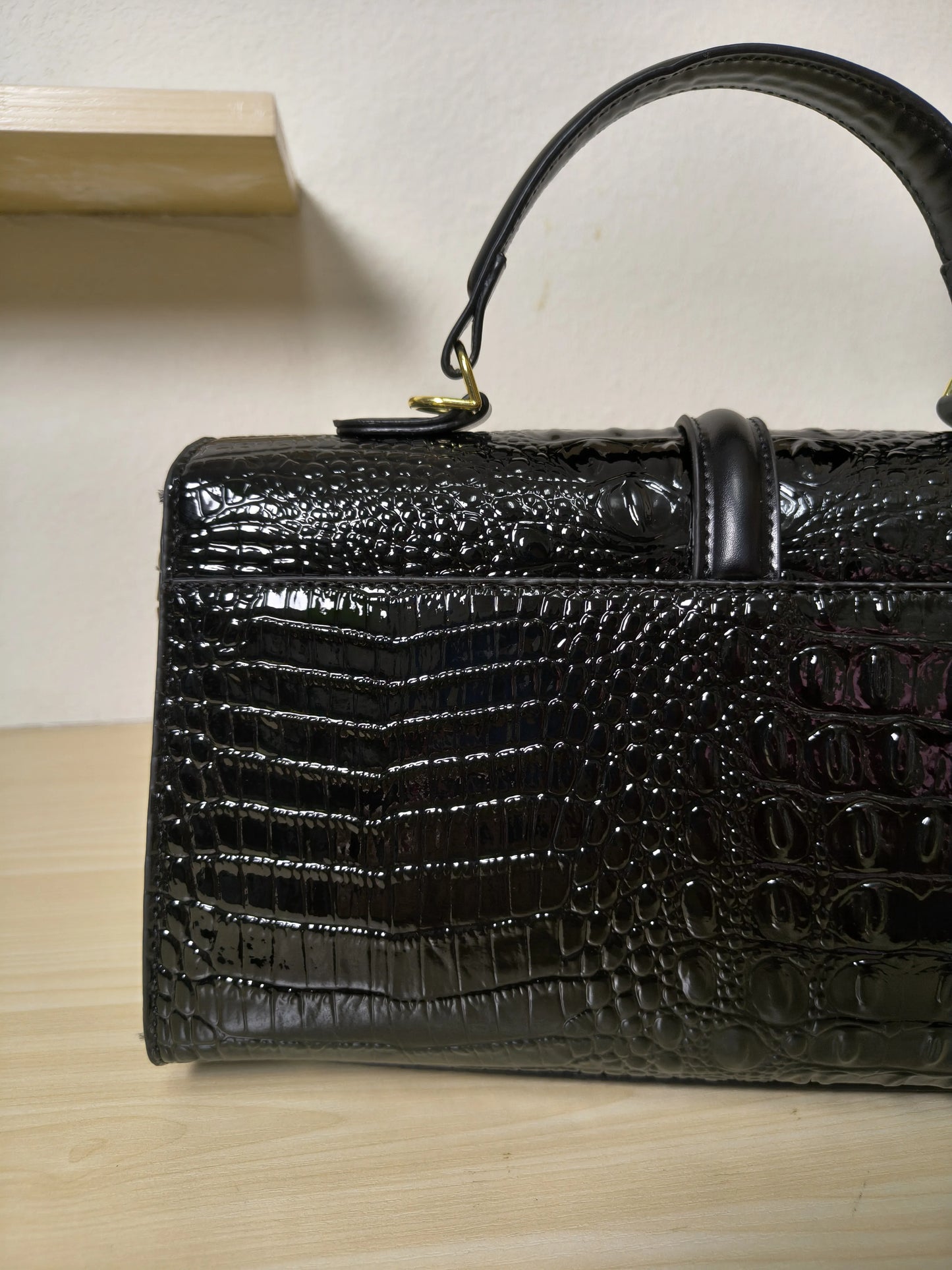 Black Crocodile Embossed Boston Bag (E118)