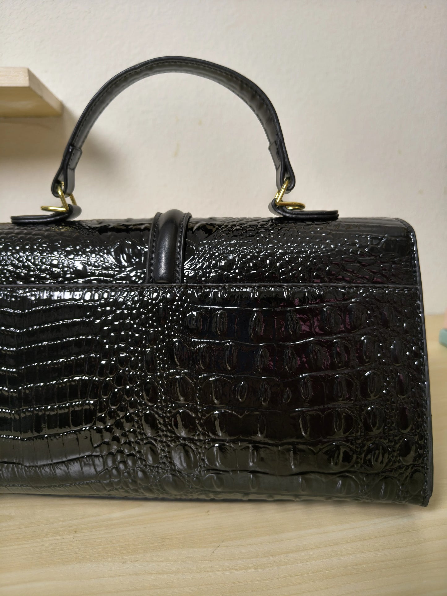 Black Crocodile Embossed Boston Bag (E118)