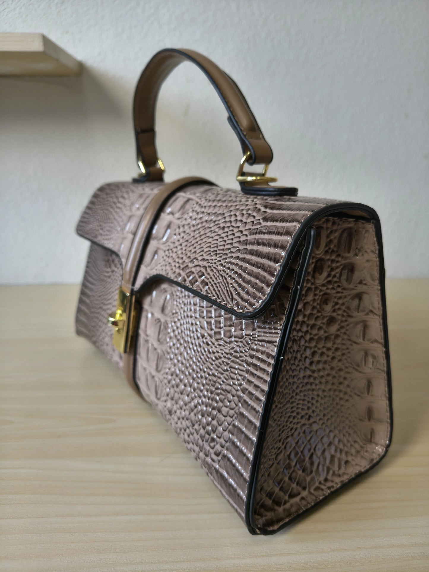 Khaki Gradient Crocodile Embossed Boston Bag (E119)