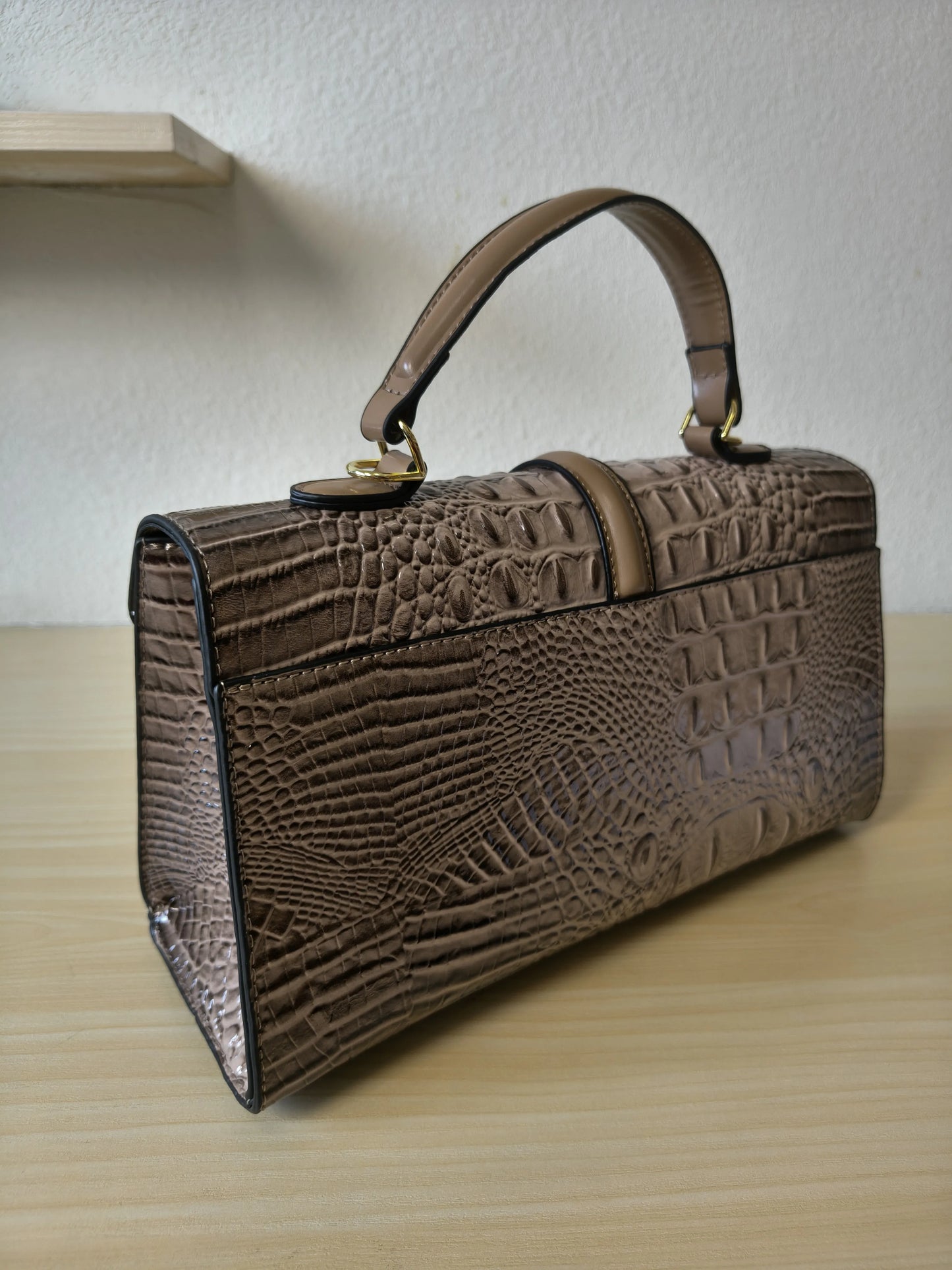 Khaki Gradient Crocodile Embossed Boston Bag (E119)