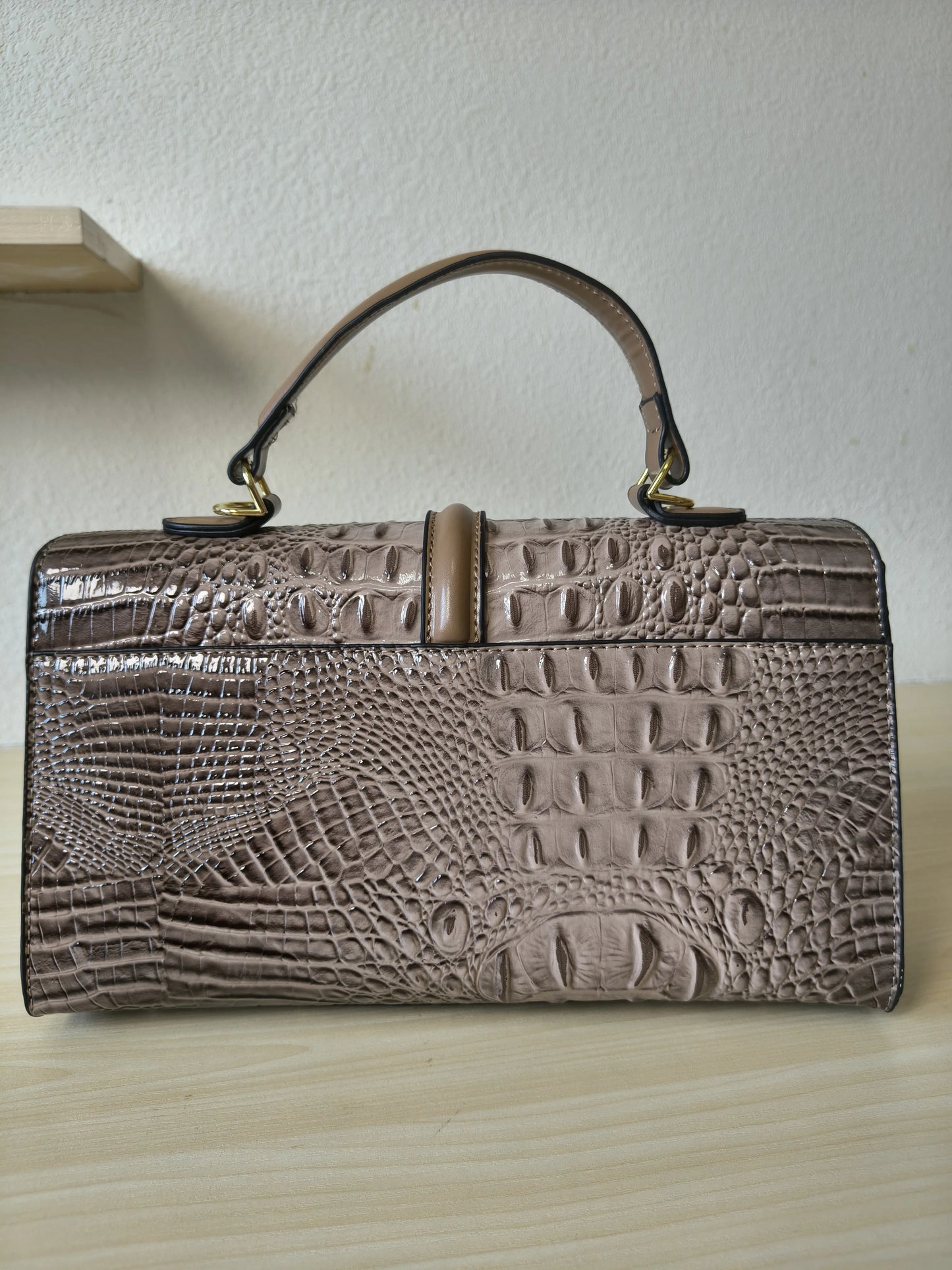 Khaki Gradient Crocodile Embossed Boston Bag (E119)